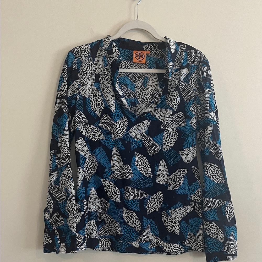 Tory Burch Stephanie Blue Sea Shell Sequins Detail Tunic Top Size 6 Coastal